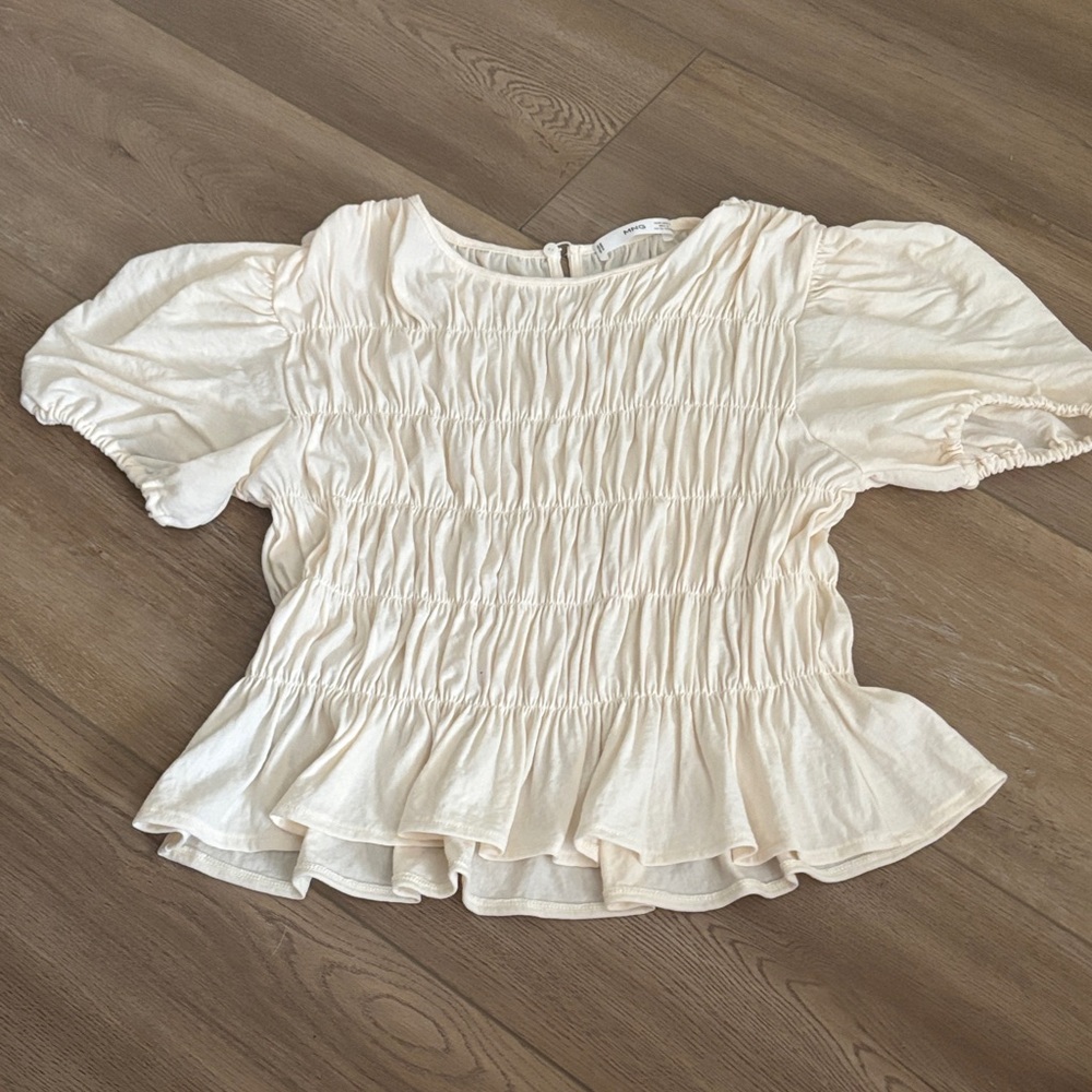MNG Cream Smocked Puff Sleeve Blouse